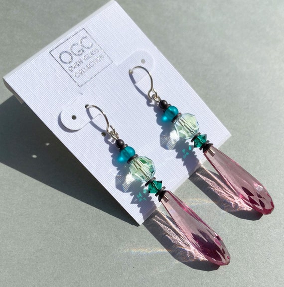 Pink Chandelier Earrings, German and Czech Glass with Austrian Crystal, Rose Pink, Emerald, Peridot Crystal, Art Deco Earrings, Style 136