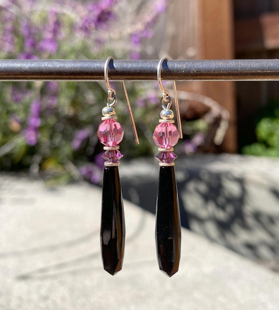 Jet Earrings, Antique Czech Glass Jet Prisms with Pink and Amethyst Austrian Crystal Accents, 1920s Glass, Art Deco, Style 167