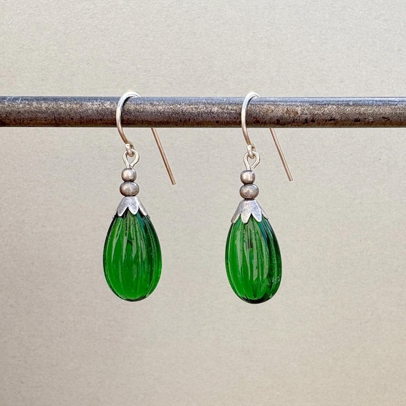 Emerald Green Glass Earrings; Silver Trim, Handmade, Art Deco