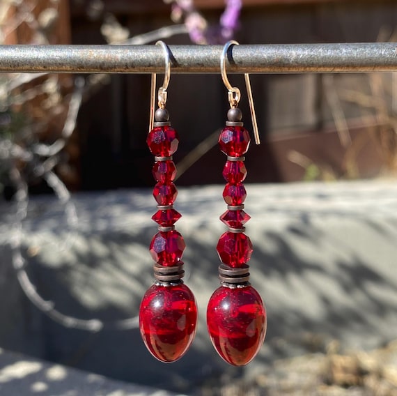 Red Dangle Earrings: German Glass Drops with Austrian Crystal, Bronze Trim, Style 484
