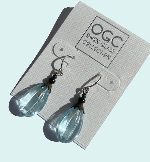 Aqua Earrings, Light Blue Glass Drop Earrings, Fluted Glass Earrings, Bronze Accents, Art Deco, Sterling Silver Ear Wires, "Seedpods 21"