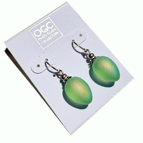 Frosted Iridescent Peridot Glass Earrings: Sterling Silver Wires, German Glass
