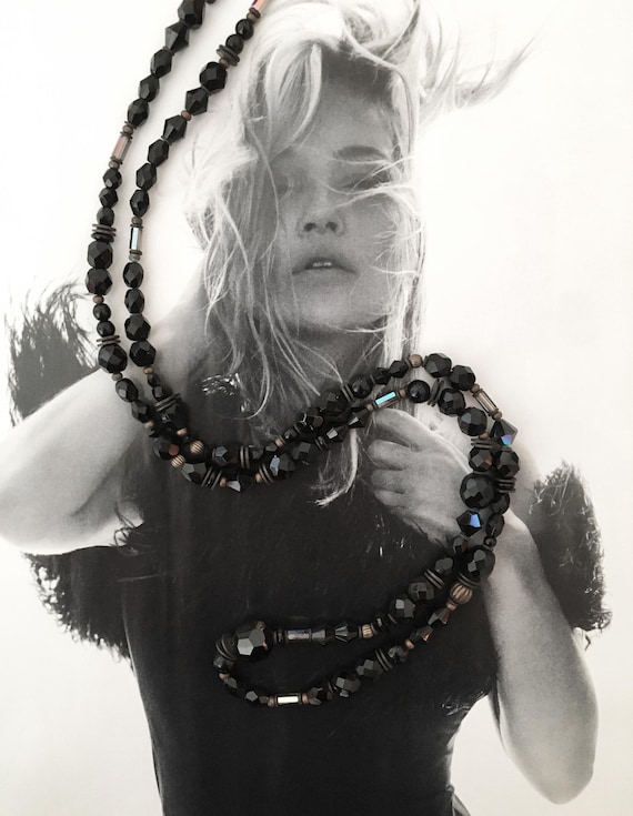 30 Inch Necklace, Jet Austrian Crystal and Antique Czechoslovakian Glass, Bronze Accents, Art Deco Era Rare Glass, "Sarcastic Friday"