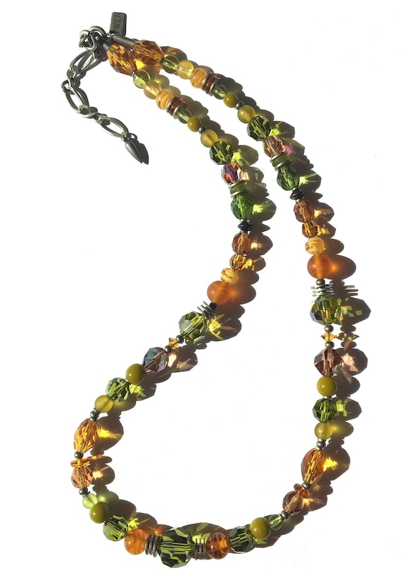 18 Inch Necklace, Bright Topaz and Citrus Green Austrian Crystal, Antique Czech Glass, Antiqued Silver or Bronze Accents, "Grass Roots"