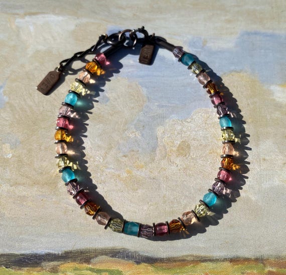 Beaded Bracelet, Shades of Pink, Peach, Light Amethyst, Aqua, Topaz, Austrian Crystal, Czech Glass, Stackable, Art Deco, "Formentera"