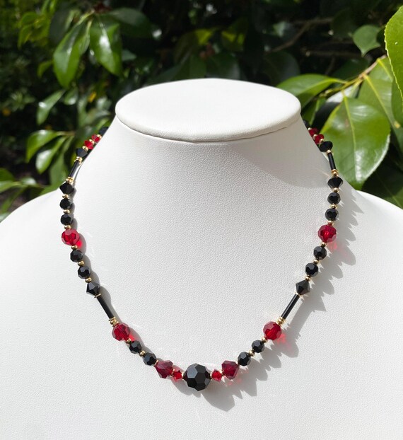 17 Inch Jet Glass Beaded Necklace, Jet and Red Austrian Crystal and Czech Glass, Rare, Vintage Glass, Gold Accents, "End Game"
