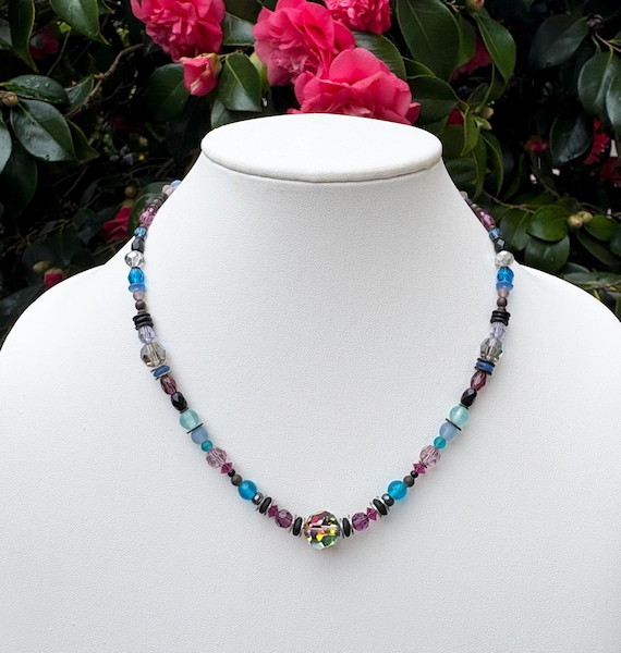 Crystal Beaded Necklace: 18 Inches, Amethyst, Turquoise, Czech Glass