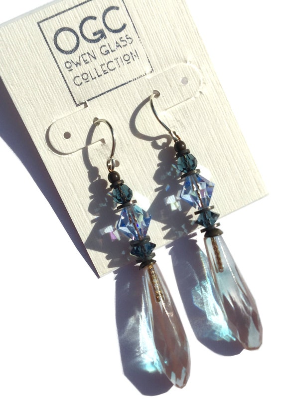 Two-Toned Prism Earrings, Light Sapphire and Pale Pink Glass, Indigo and Light Sapphire Austrian Crystal, Antiqued Bronze, "Jean Geanie II"