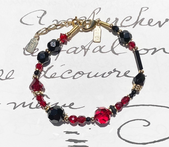 Black and Red Beaded Bracelet, Czech Glass and Austrian Crystal in Jet and Siam Red, Gold Trim, Rare Glass, Art Deco Era, "End Game"