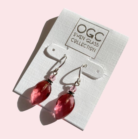 Pink Glass Earrings, Austrian Crystal Accents in Pink, German Glass Faceted Pastel Pink Earrings, Art Deco, Silver and Bronze, "Birdsong 21"