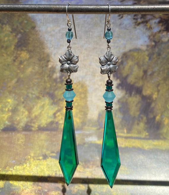 Teal Chandelier Earrings: Green German Glass, Silver Filigree, Sterling Silver
