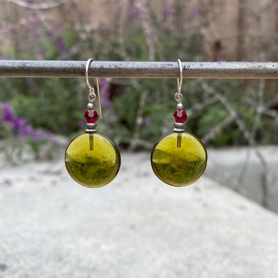 Olive Green Glass Earrings, German Glass with Red Austrian Crystal Top Beads, Silver Ear Wires, Handmade Earrings, "Windows 7"