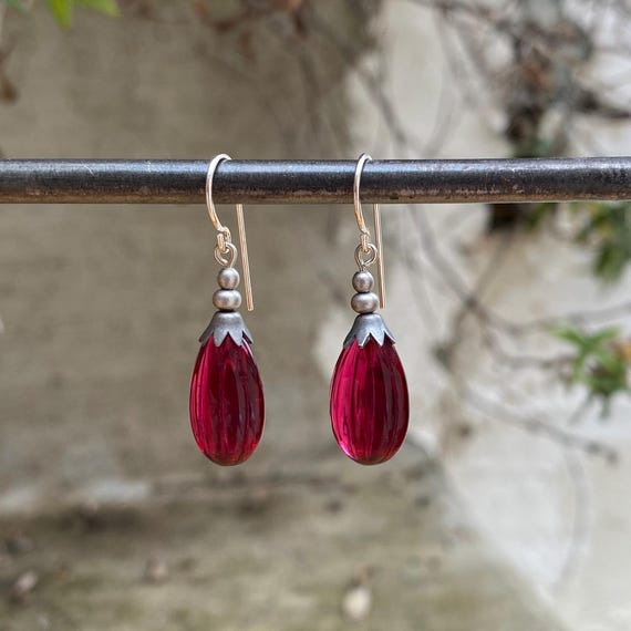 Dark Pink Dangle Earrings, German Glass, Silver Trim, Handmade Earrings, Art Deco, "Seedpods 12"