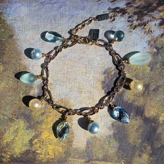 Aqua Crystal Charm Bracelet: Gold, Pearls, Blue Glass