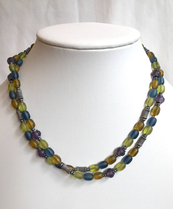 34 Inch Frosted Glass Necklace, Amthyst, Indigo, Citrine Green Czechoslovakian Glass with Antiqued Silver Overlay Accents, "Kailzie Garden"