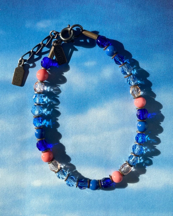 Crystal Stackable Bracelet, Shades of Sapphire, Light Blue, Coral Pink, Austrian Crystal, Czech Glass, Antiqued Bronze, "Sky Patrol"