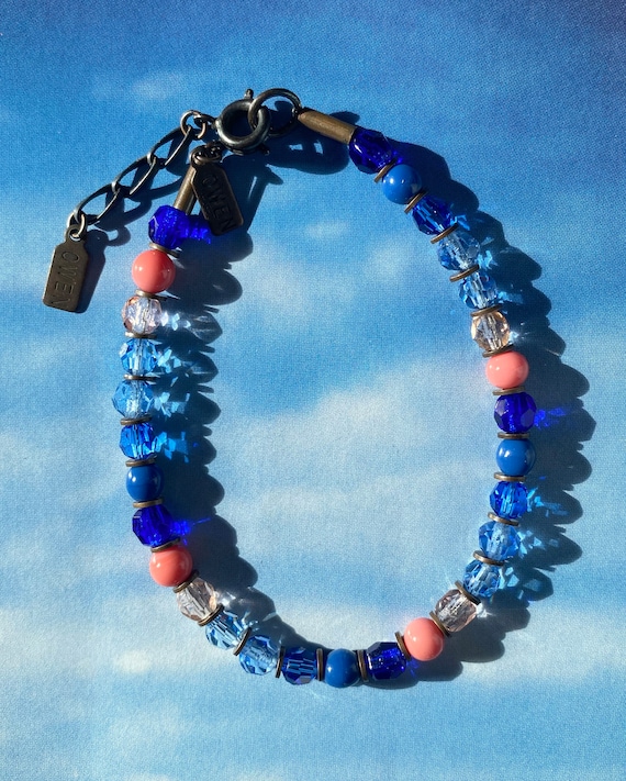 Crystal Stackable Bracelet, Shades of Sapphire, Light Blue, Coral Pink, Austrian Crystal, Czech Glass, Antiqued Bronze, "Sky Patrol"