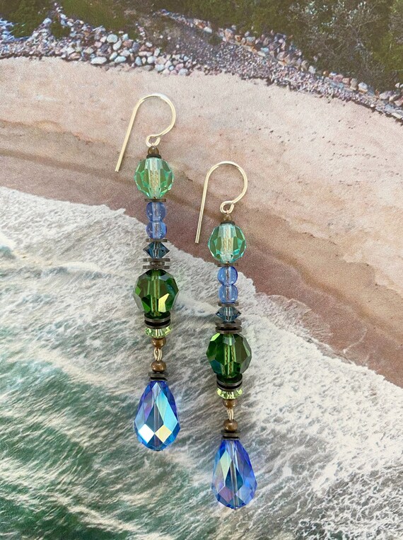 Sapphire Crystal Earrings, Austrian Crystal Iridescent Blue Earrings, Peridot and Tourmaline Crystal Shoulder Dusters, Rare Glass, Style 500