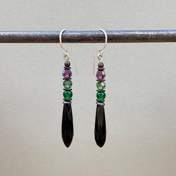 Jet Prism Earrings: Antique Czech Glass, Amethyst & Tourmaline Austrian Crystal, Bronze Accents, "Petites 6"