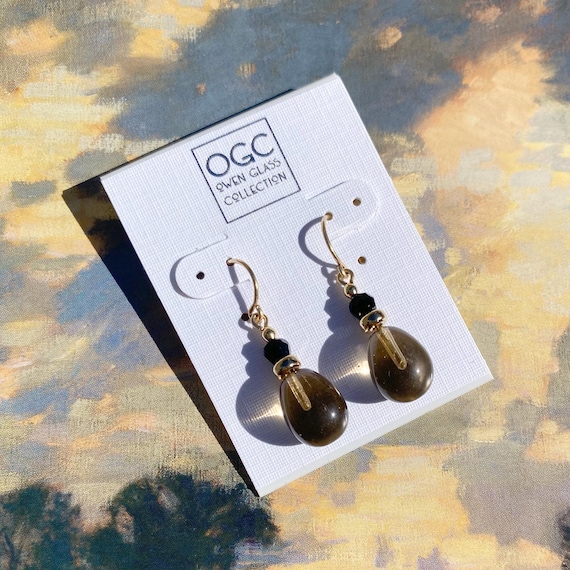 Light Smoke Topaz Glass Drop Earrings: 14k Gold-Filled, Jet Crystal