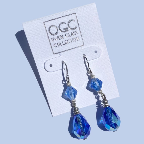 Iridescent Sapphire Crystal Earrings: Czech Glass, Sterling Silver Wires
