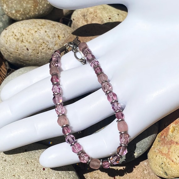 Light Amethyst Beaded Bracelet, Austrian Crystal and Czech Glass in Shades of Light Amethyst, Periwinkle, Frosted Glass, Antiqued Silver
