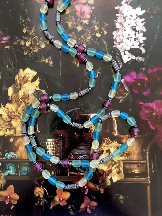 34 Inch Necklace, Frosted Czechoslovakian Glass, Aquamarine, Rose Pink, Pale Yellow, Peridot, Pastel Glass, Antiqued Silver, "Terrace View"