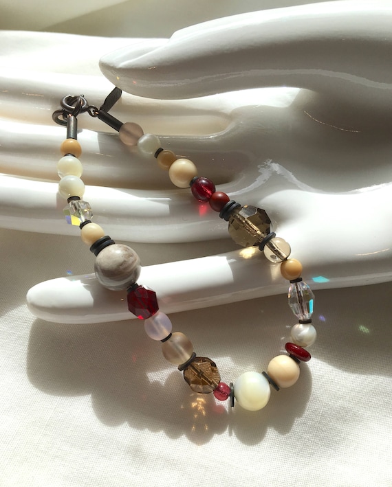 Crystal Bracelet, Smoke Topaz, Shell, Agate, Garnet and Taupe Czech Glass and Austrian Crystal Bracelet with Bronze Accents, "Strauss Waltz"