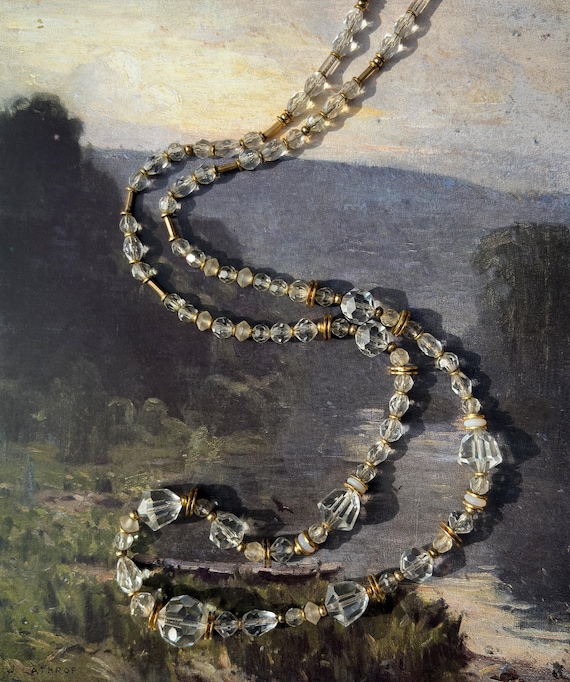 Crystal and Gold Beaded Necklace; 30 Inches, Austrian Crystal, Czech Glass