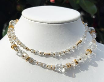 Crystal and Gold Beaded Necklace; 30 Inches, Austrian Crystal, Czech Glass