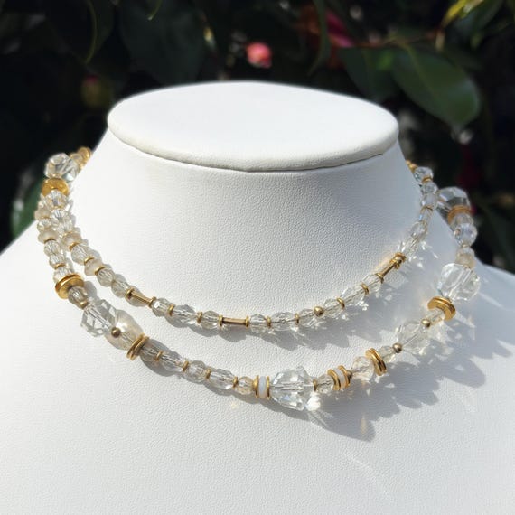 Crystal and Gold Beaded Necklace; 30 Inches, Austrian Crystal, Czech Glass