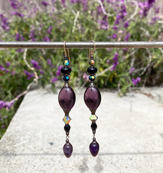 Amethyst Shoulder Duster Earrings, German & Czech Glass, Amethyst Austrian Crystal, Iridescent Jet, Iridescent Crystal, "Amethyst Illusions"