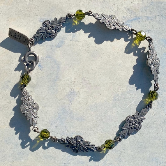 Olivine Green Austrian Crystal Bracelet: Floral Filigree Antiqued Silver-Dipped