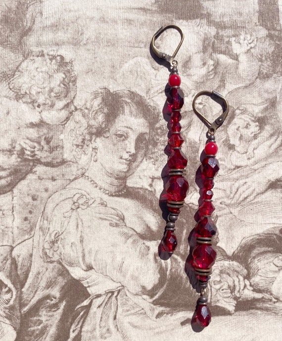 Red Crystal Shoulder-Duster Earrings, Antique Czech Glass and Austrian Crystal with Antiqued Bronze Accents, Burgundy, Art Deco, "Le France"