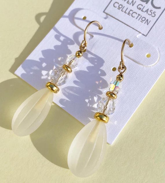 Frosted White Earrings, White Glass Drops, Clear Iridescent Austrian Crystal, Gold Earrings, German Glass Drops, "Style 807"