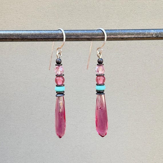 Pink Prism Earrings: Antique Czech Glass, Turquoise, Austrian Crystal, Bronze Accents, "Petites 5"