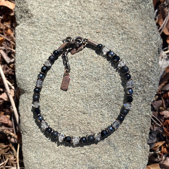 Crystal Stackable Bracelet, Jet Czech Glass and Austrian Crystal, Clear Austrian Crystal, Hematite Czech Glass, Bronze Accents, "First Gala"
