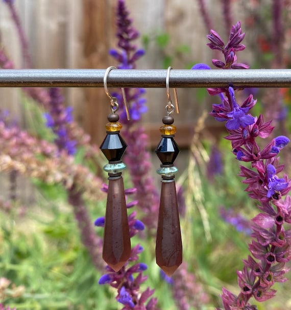Frosted Amethyst Earrings, Antique Czech Glass Prisms, Circa 1920-1930s, Vintage Glass, Handmade Earrings, Style 152