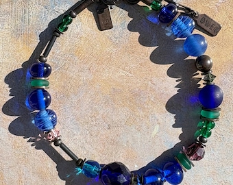 Cobalt Blue Beaded Bracelet: Czech Glass, Austrian Crystal, Bronze, Art Deco