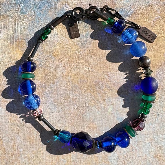Cobalt Blue Beaded Bracelet: Czech Glass, Austrian Crystal, Bronze, Art Deco