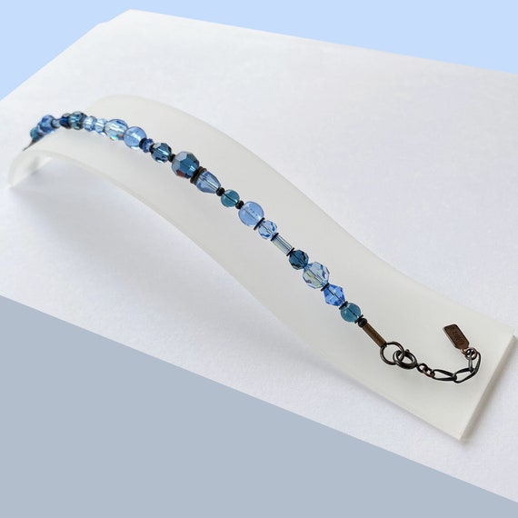 Blue Glass Bracelet, Shades of Light Sapphire and Indigo in Austrian Crystal and Czech Glass, Bronze Accents, Art Deco, "Blue Horizon"