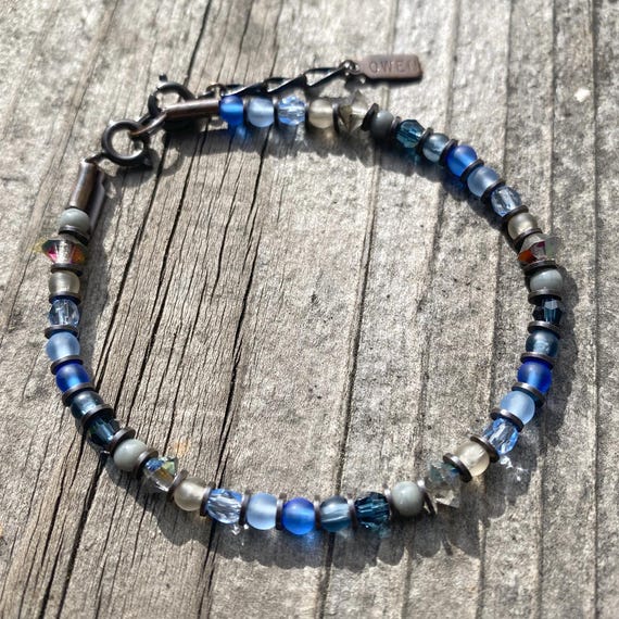 Indigo Stacking Bracelet, Iridescent Gray Crystal, Shades of Sapphire, Czech Glass, Austrian Crystal, Bronze, Art Deco, "Moonlit Indigo"