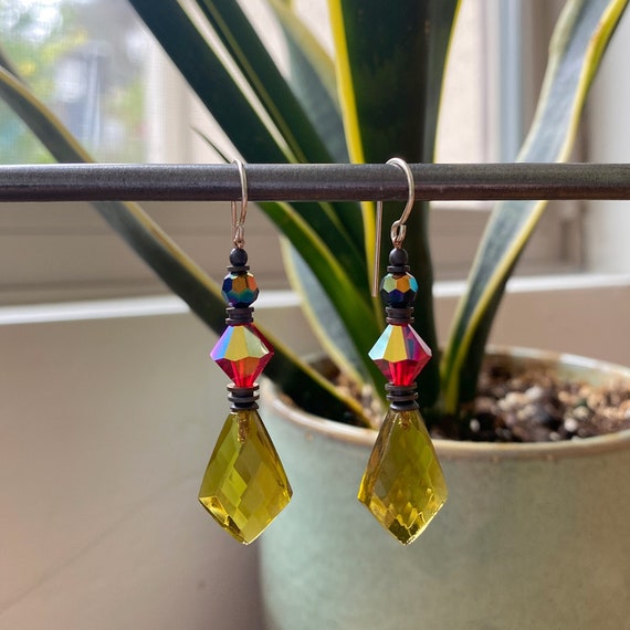 Olivine Green Glass Earrings, German Glass Green Drops, Iridescent Austrian Crystal Accents in Bright Red and Jet, Bronze Trim, Style 534