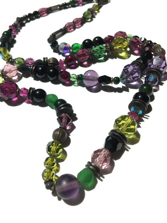 24 Inch Necklace, Amethyst and Jet Austrian Crystal and Antique Czech Glass Art Deco Necklace, Antiqued Bronze, "Heavy Breathing"