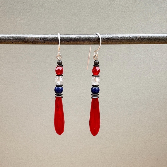 Antique Czech Red Prism Earrings: Sterling Silver, Crystal, Bronze Accents