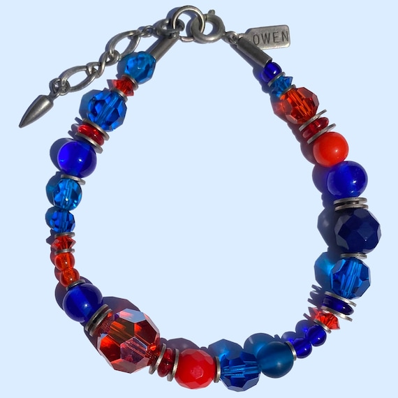 Bright Orange and Blue Bracelet, Austrian Iridescent Orange, Turquoise Crystal Beads, Cobalt Czech Glass, Antiqued Silver Trim, "Windows 1"