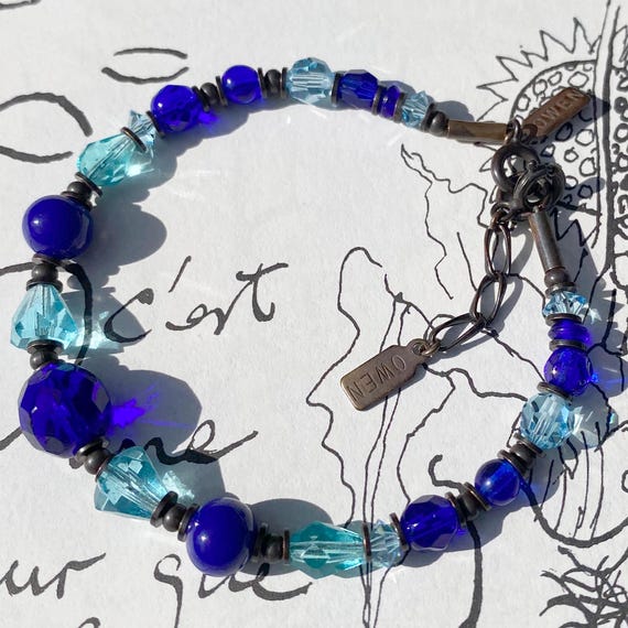 Blue Beaded Bracelet, Austrian Crystal and Czech Glass in Shades of Cobalt and Aquamarine, Bronze Accents, Handmade Bracelet, Style 440