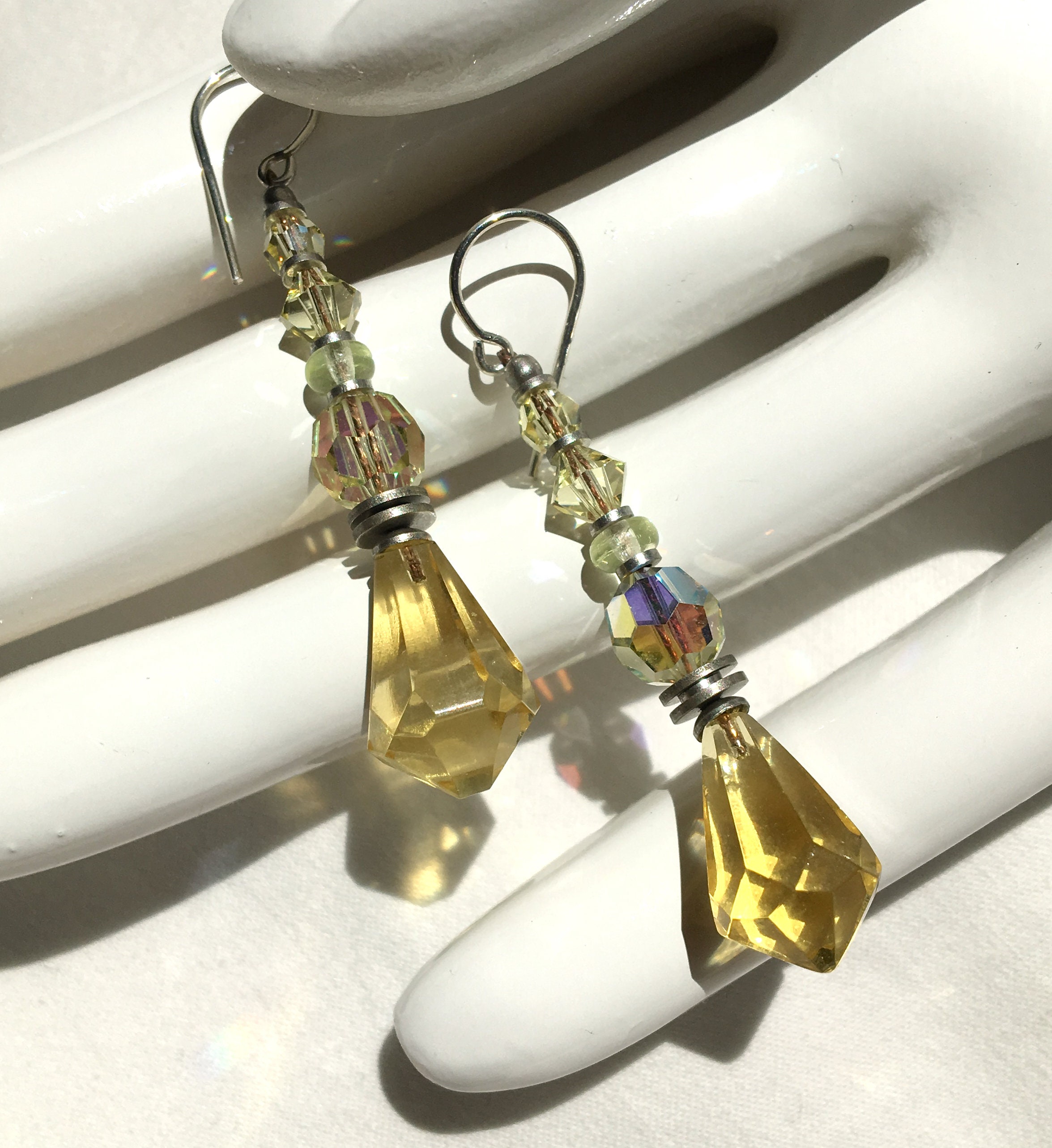 Pale Yellow Earrings, Light Jonquil German Glass and Austrian Crystal Dangle Earrings, Lemon