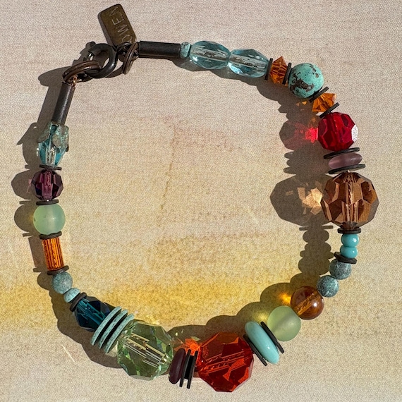 Czech Glass Austrian Crystal Beaded Bracelet, Art Deco Bronze Patina Jewelry