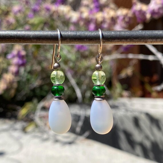 Frosted White Earrings, White Glass Drop Earrings with Emerald and Pale Yellow Czech Glass Top Beads, Silver Trim, "Raindrops 63"